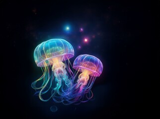 Two glowing jellyfish with colorful tentacles drift in a dark, starry space.
