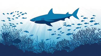 Obraz premium A blue shark swims over a coral reef, with a school of fish swimming around it, under a bright blue sky.