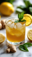 A refreshing iced tea with lemon and basil garnishes, served in a glass with ice and surrounded by lemons and ginger.