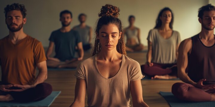People in a yoga class meditating together, focusing on breath and relaxation.