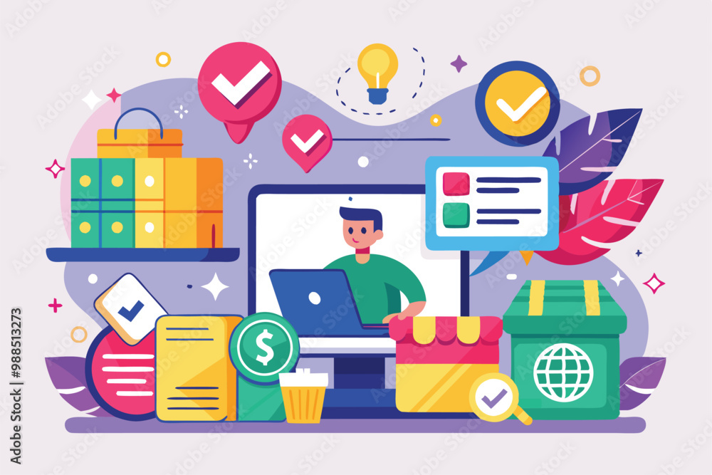 Poster a person engages in online shopping, customizing purchases with various items and icons representing