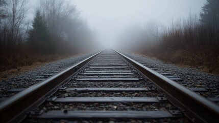 Fototapeta premium Foggy Railroad Tracks Leading Into the Distance