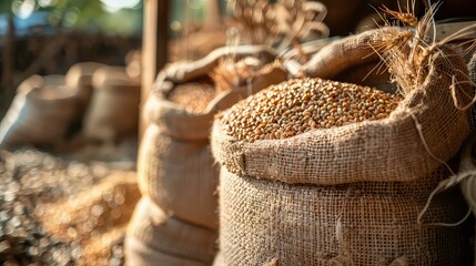 A close-up image of a burlap sack full of coffee beans, with a rustic and textured background.