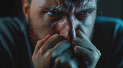 The man is in a state of emotional distress or deep thought.