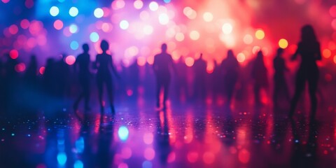 Vibrant Dance Party, lively atmosphere filled with colorful lights and energetic dancers, background softly blurred, creating a festive mood
