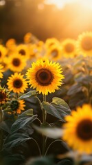 Obraz premium A field of bright yellow sunflowers, their faces turned toward the setting sun, with a soft golden glow casting long shadows across the landscape