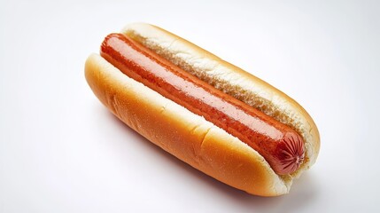A classic hot dog with a sausage in a soft bun, isolated on a clean white background, presented in sharp focus for food lovers.