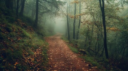 Obraz premium Enchanted Forest Path: A Misty Autumn Walk