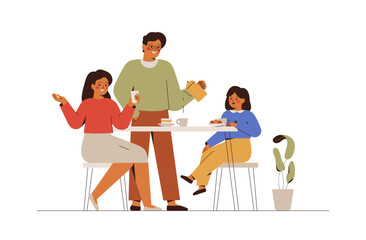 Fototapeta premium Family drink tea together in the kitchen. Father, mother and daughter talking and have breakfast. Generation friendship concept. Vector illustration