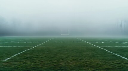 Fototapeta premium Foggy Football Field: A Serene Pre-Game Atmosphere