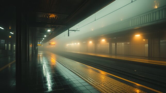 Empty Train Station Platform in Foggy Night