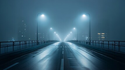 Empty Bridge in Foggy City at Night