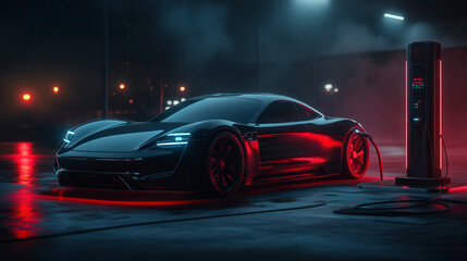 Fototapeta premium Sleek black electric sports car charging at night with red lights reflecting on it