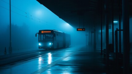 Fototapeta premium Foggy Night Bus Stop - Cityscape Photography