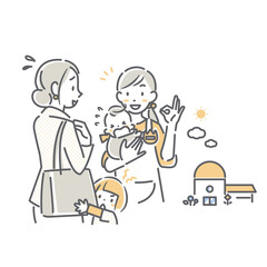 保育園に子供を預けるお母さんと保育士　シンプルでお洒落な線画イラスト