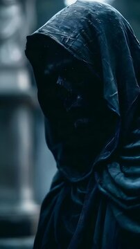 Video recreation of death with a black robe and mummified black face
