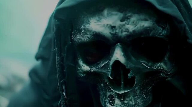 Video recreation of death with a black robe and skull	
