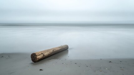 Driftwood on a Calm Beach with a Misty Horizon