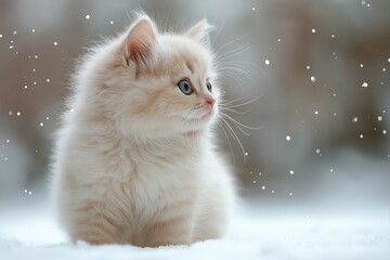 Adorable kitten walking across a snowy landscape, its soft fur fluffed against the winter chill