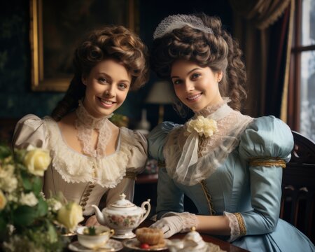 Two young women in elegant Victorian dresses drinking tea - Powered by Adobe