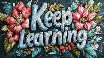 An inspiring message 'Keep Learning' displayed in vibrant floral typography surrounded by large flowers and leafy designs on a dark background.
