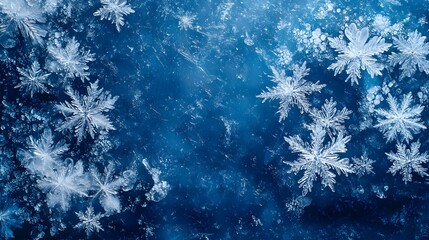 Close-up view of delicate, frost-covered snowflakes with intricate patterns, framed by soft, icy branches. The blurred blue background with falling snow creates a serene, wintery atmosphere.
