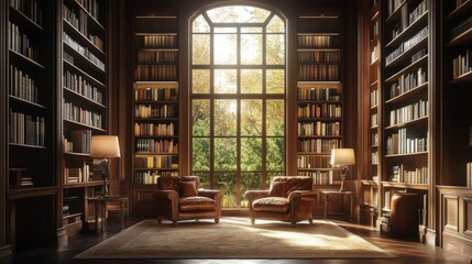 Classic Library Interior with Large Window and Armchairs