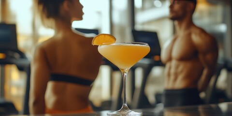 A cocktail with a slice of orange in it sits on the counter in front of a man and woman working out at the gym.