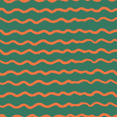 Wavy stripes seamless pattern. Hand drawn red horizontal lines on green background. Brush texture ornament. Christmas colours ornament.