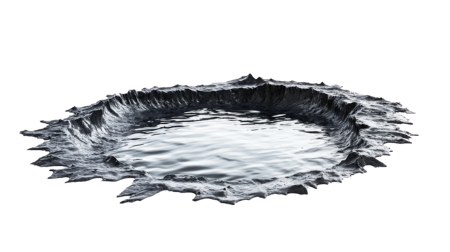 A tranquil water pool surrounded by a black rocky edge on a white isolate background.