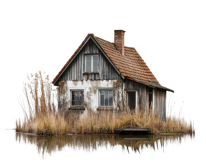 Abandoned rustic house with overgrown grass by the water.