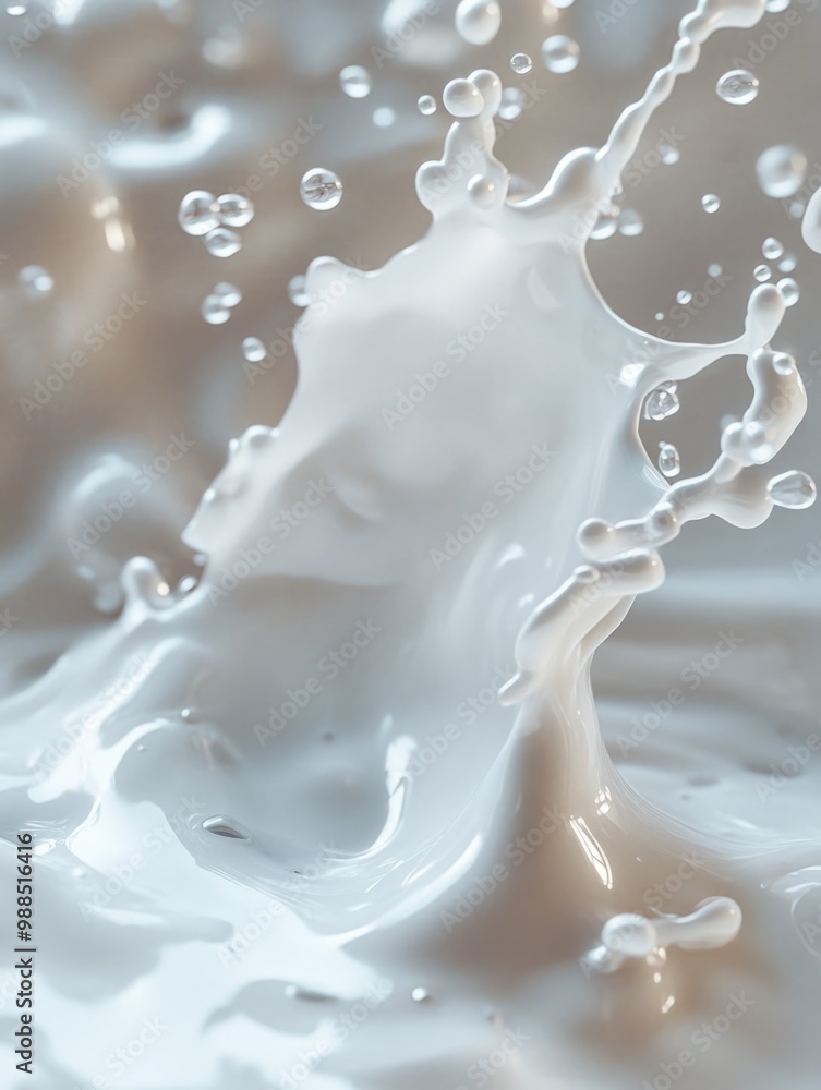 Poster dynamic milk splash with creamy texture and motion blur effect. a close-up view capturing bubbles an