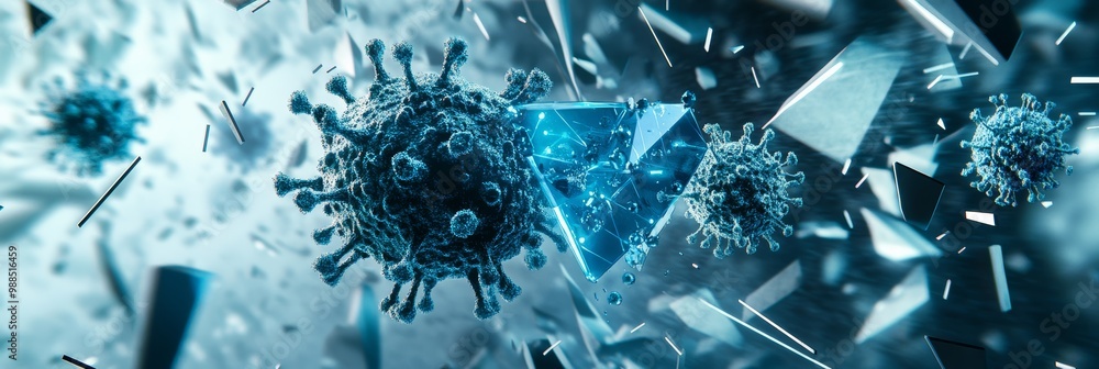 Aufkleber Microscopic view of floating virus particles shattering glass-like structures in a dynamic representation of viral mutation and infection. Ideal for monkeypox or mpox research.