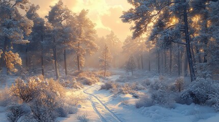Naklejka premium Winter path winding through a snowy forest at sunset