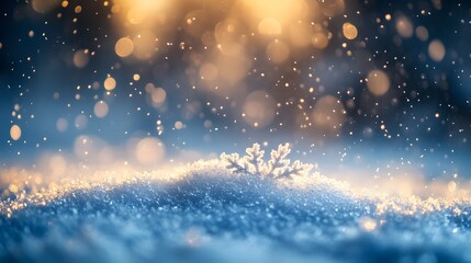 Obraz premium Close-up view of delicate, frost-covered snowflakes with intricate patterns, framed by soft, icy branches. The blurred blue background with falling snow creates a serene, wintery atmosphere.