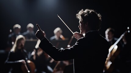 Fototapeta premium Conductor Leading Orchestra in a Dramatic Performance