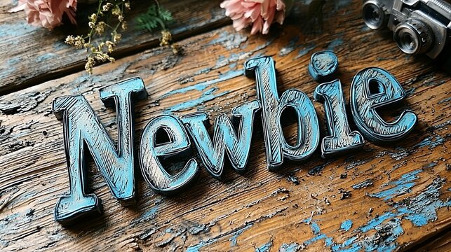 'Newbie' text presented on a vintage wooden background with various decorative elements, symbolizing the beginning of a new journey and the excitement of being a beginner.