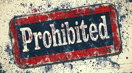Image of a rustic and vintage styled 'Prohibited' sign with heavy distressed textures and splashes of paint, conveying a sense of old and worn-out restriction.