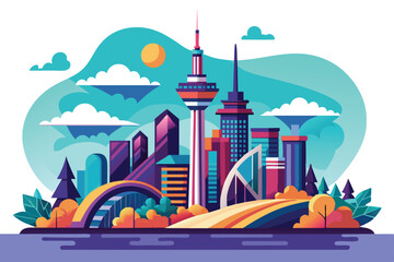 A vibrant depiction of Toronto's skyline showcases unique architecture surrounded by greenery and colorful elements under a bright blue sky.