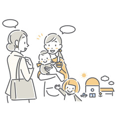 保育園に子供を預けるお母さんと保育士　シンプルでお洒落な線画イラスト