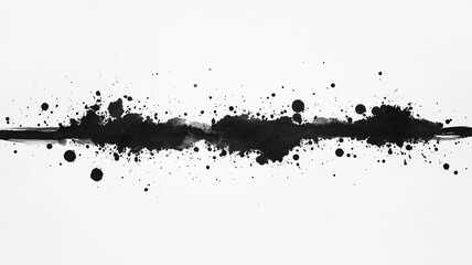Abstract ink painting features horizontal black line with splatters and dots, creating dynamic and expressive visual. contrast against white background enhances its artistic appeal