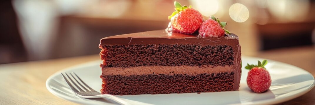 Decadent chocolate cake on a dessert counter, a fork resting beside it, blurred background enhancing the indulgent atmosphere