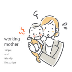 働くお母さんと赤ちゃん　シンプルでお洒落な線画イラスト