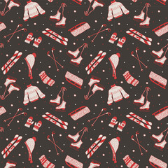 Christmas and New Year's pattern on a dark background, with skates, skis, hat, sweater, socks and mittens in the doodle style. For wrapping paper, cover, background, wallpaper and textiles.