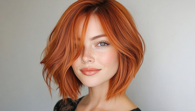 Beautiful woman with vibrant red hair posing on gray background