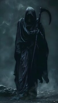 Video vertical recreation of Grim Reaper with a big scythe and robe