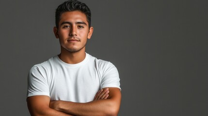 Fototapeta premium Young hispanic man folding arms and posing on grey background