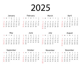 Calendar 2025 year. The week starts on Sunday.
