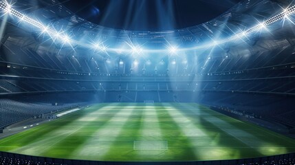 Stadium with sapphire floodlights, the field and seats bathed in a cool light