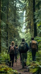 Obraz premium A group of friends hiking through a forested trail, surrounded by tall trees, ferns, and a distant waterfall, with backpacks and walking sticks in hand